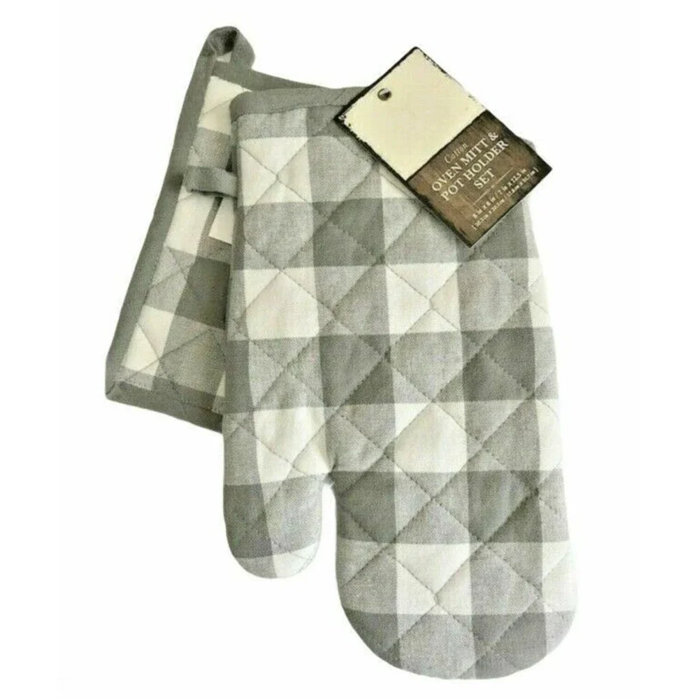 Grainhouse Potholder Oven Mitt Set Buffalo Check Plaid Country Gray White Set 2